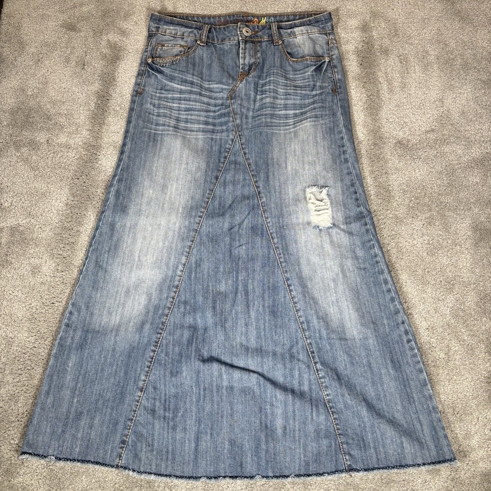 Mudd Maxi Skirt Womens 7Low‎ Rise Blue Denim Distressed A Line Raw Hem Y2K